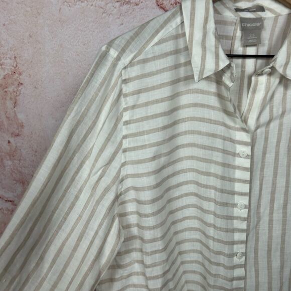 CHICO'S striped linen no iron top size 2.5 L button up neutral coastal shirt - Picture 2 of 4